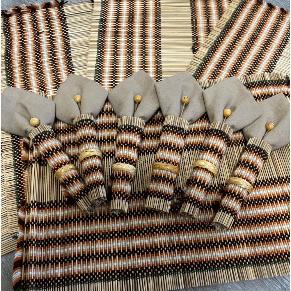 Bamboo placemats and matching napkin holders and bamboo skewers mid century
